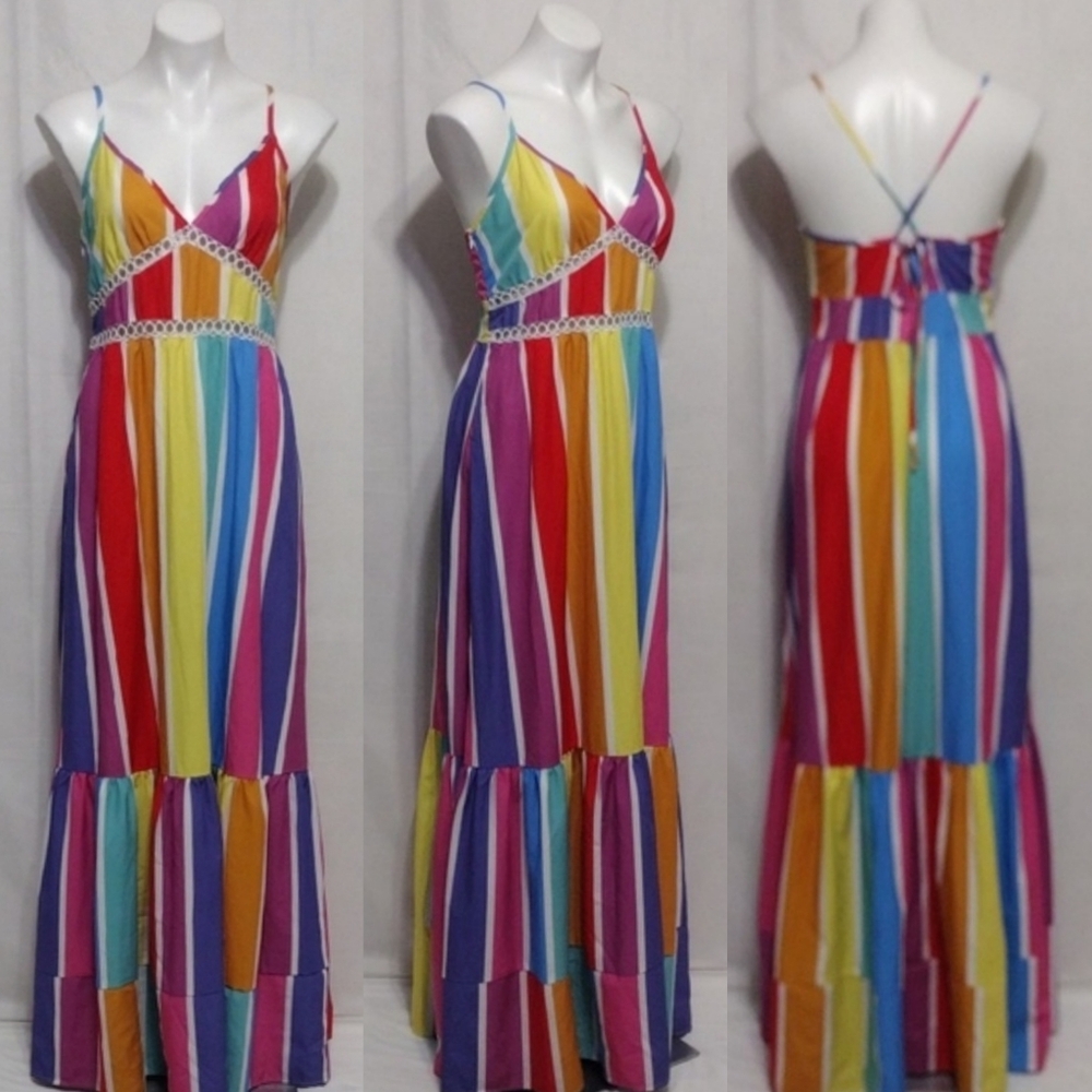 Boho Summer Maxi Dress Women’s Striped Spaghetti Strap Tiered Flowy Dress US 12